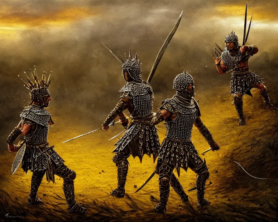 Image similar to A fantasy battle between two warriors among the hills. The first warrior is dressed in detailed elaborate spiked armor. The second warrior is dressed in sparse berserk armor without a helmet. A yellow sky is visible. Puddles and splashes of blood, severed limbs, anger on faces. Extremely high detail, realistic, medieval fantasy art, masterpiece, art by Zdzisław Beksiński, Boris Vallejo, Arthur Rackham