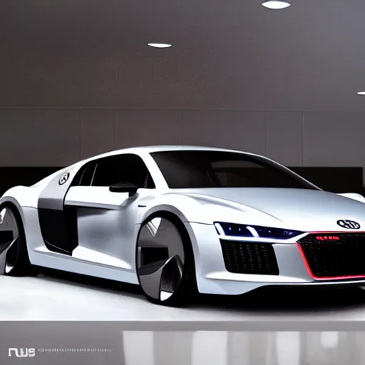 Image similar to volkswagen ID :: audi r8 :: vision gran turismo :: concept supercar in a grey showroom :: studio lighting reflecting on the car's paint