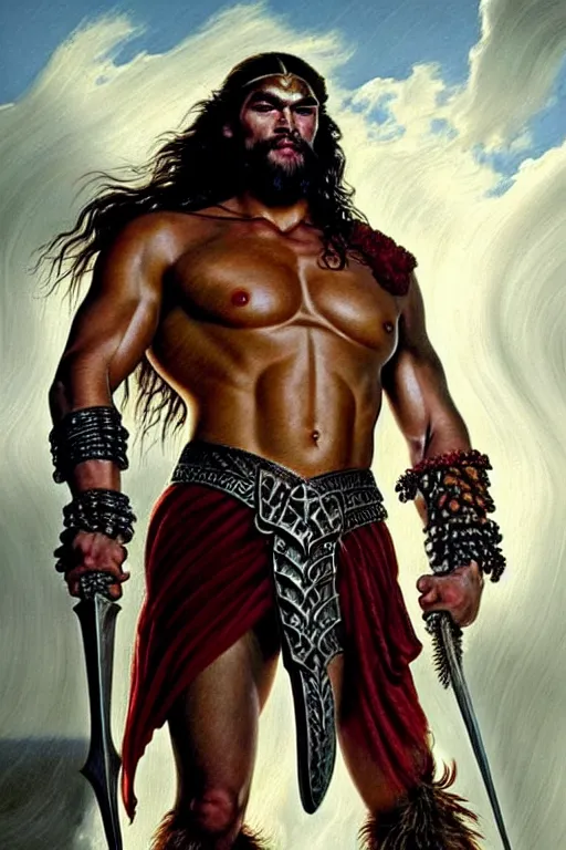 Image similar to beautiful portrait oil painting, jason momoa conan the barbarian thor standing on a hill made of skulls, wearing a warrior king crown and royal crimson fantasy ornate spartan dragon scale armor, wet skin and hair, muscular!!!, battle action pose, frank frazetta, boris vallejo, greg rutkowski, beautiful cinematic light, low angle, greg rutkowski, high contrast