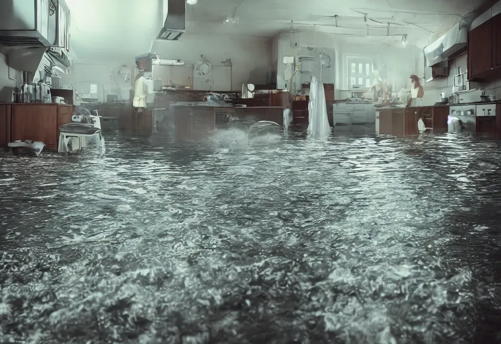 Image similar to kodak portra 4 0 0 photographic and realistic, 7 0's kitchen, detailed, octane render, unreal engine, 4 k, artstation, hyper realistic, wide angle, floor flooded, how a river, astronaut, objects that float, 3 5 mm, sharp focus, soft light, volumetric light fog, in the style of gregory crewdson