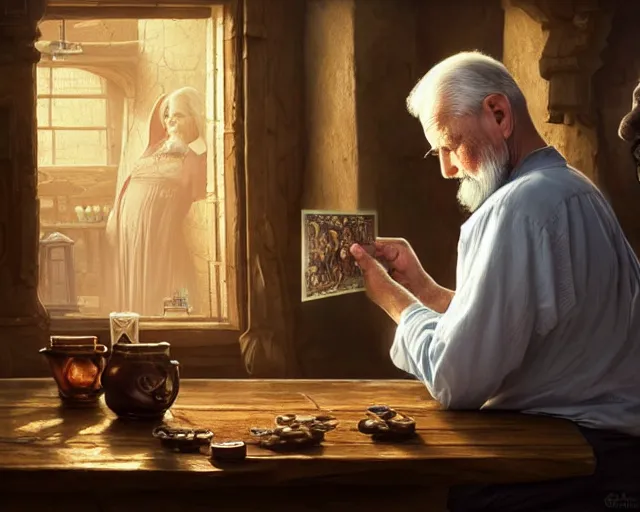 Prompt: an old man resting his chin on a table looking at the elixir of life with a photograph of his wife next to him, deep focus, d & d, fantasy, intricate, elegant, highly detailed, digital painting, artstation, concept art, matte, sharp focus, illustration, hearthstone, art by artgerm and greg rutkowski and alphonse mucha