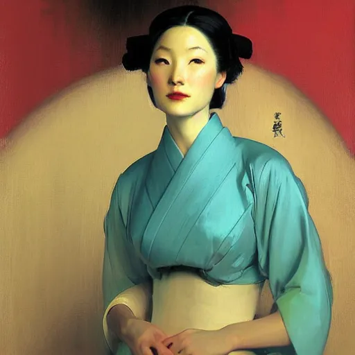 Image similar to yanjun cheng portrait of a beautiful geisha android by norman rockwell, bouguereau