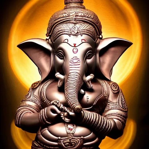 Image similar to biomechanical Ganesha , hyper-realistic futuristic portrait, intricate details, fantasy character, supersharp, hypermaximalist, dramatic lighting, hajime sorayama, Indian god, Ganesha, ganapati, vinayak, futuristic portrait photorealistic Ganesha