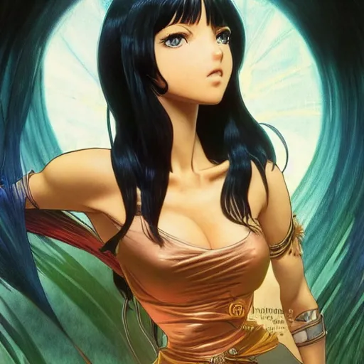 Prompt: highly detailed vfx portrait of nico robin by eiichiro oda!, makoto shinkai, alphonse mucha, sharp focus, art by artgerm and greg rutkowski!, backlit, harsh overhead sunlight, blue eyes!!, large aquiline nose!!, kaoru mori, best of behance,