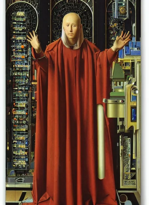 Image similar to a cybernetic priest jacking into the mainframe by Jan van Eyck