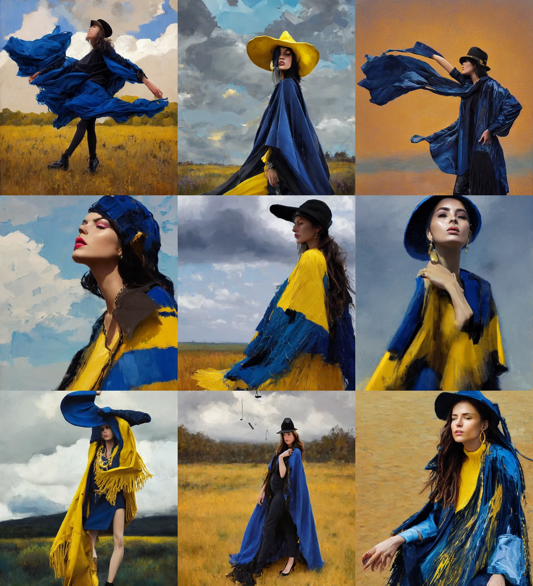 Prompt: portrait of fashionable young woman wearing rich jewerly hat and boho black deep blue and yellow gold poncho, sitting dynamic pose, Low poly, thunder clouds in the sky, artwork by Jeremy Lipkin and Giuseppe Dangelico Pino and Michael Garmash and rob rey, levitation, industrial rusty pipes, simple form, brutal shapes