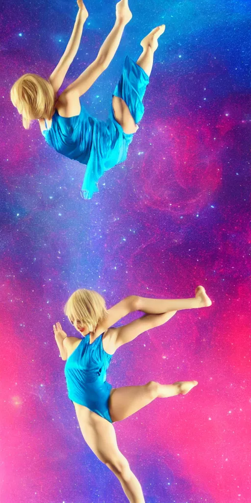 Prompt: painting of a short hair blond girl doing Aerial dance, blue cloth, cosmic, 8k, volumetric light, beautiful anime art style, stylised