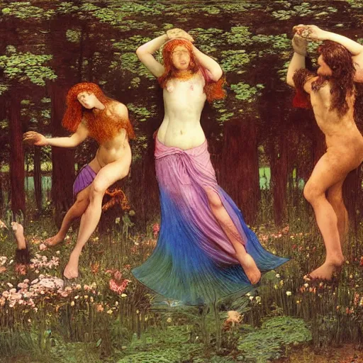 Prompt: preraphaelite 6 0 s hippies dancing in a mushroom flower forest, ritual summoning demon, bonfire, billowing smoke, flowing rainbow glowing magical auras, ultra wide angle, beautiful sky, highly detailed, william morris ford madox brown william powell frith frederic leighton john william waterhouse hildebrandt