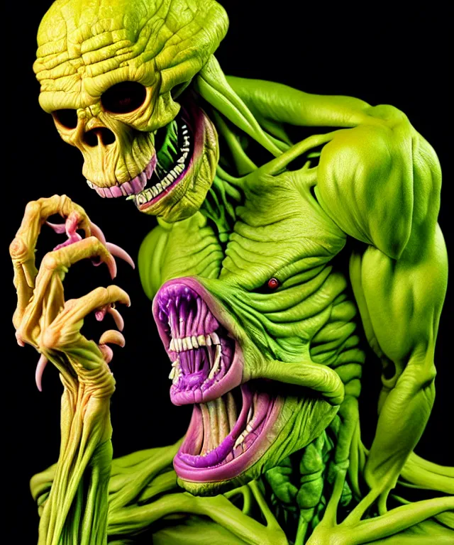 Image similar to hyperrealistic rendering, cronenberg flesh monster skeletor by art of skinner and richard corben and jeff easley, product photography, action figure, sofubi, studio lighting, colored gels