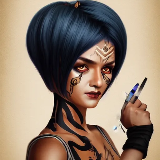 Image similar to illustrated realistic portrait of ram-horned devil woman with blue bob hairstyle and her tan colored skin and with solid black eyes wearing leather by rossdraws