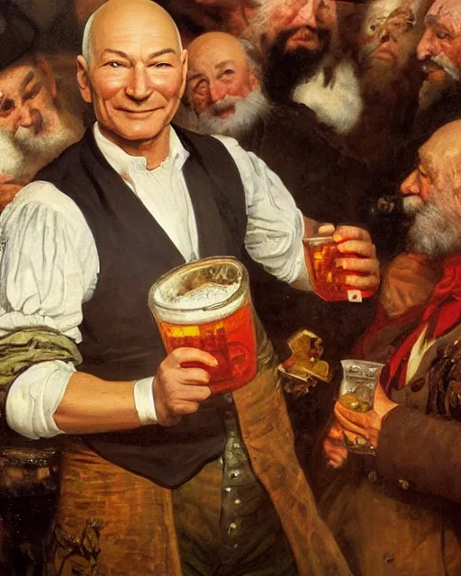 Image similar to a painting of patrick stewart holding a mug of beer at the oktoberfest, a detailed painting by konstantin makovsky and by jan matejko and by nikolay makovsky, shutterstock contest winner, german romanticism, detailed painting, oil on canvas, wimmelbilder