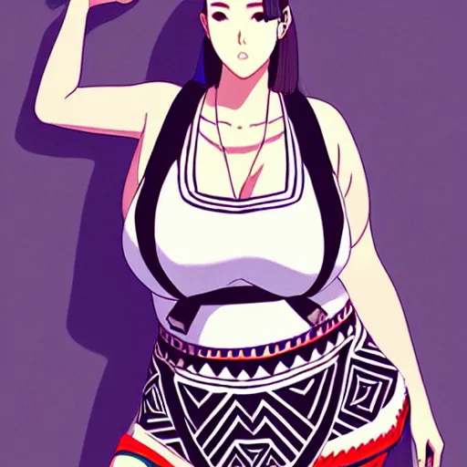 Image similar to a beautiful plus sized model japanese natalie portman, alluring plus sized model, wearing mayan leotard with elegant mayan apron overalls, street fashion hip hop style with mayan patterns, aztec street fashion, gapmoe yandere grimdark, trending on pixiv fanbox, painted by greg rutkowski makoto shinkai takashi takeuchi studio ghibli, akihiko yoshida