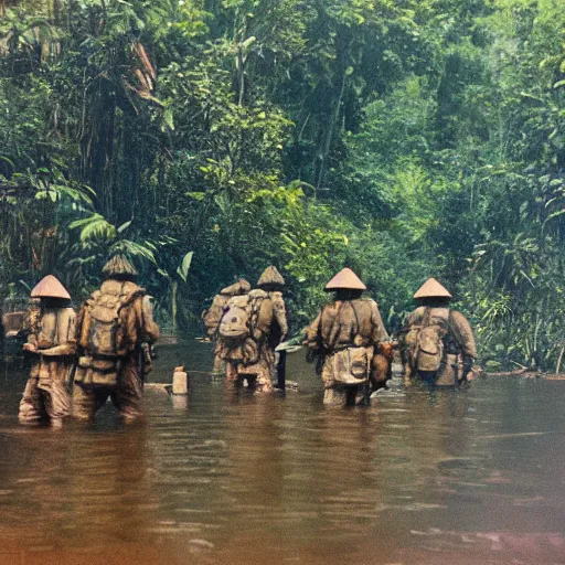 Image similar to wide shot, a formation of American Soldiers patrolling deep in the thick, Vietnamese forest in 1969, painting, colored