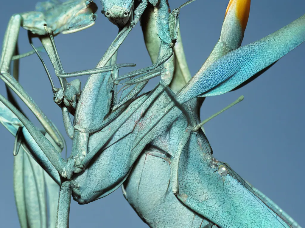 Prompt: close - up macro shot of a blue praying mantis. orchid mantis standing. complementary color scheme. subsurface scattering, translucency, backlit, diffused, smooth. studio photography high quality highly detailed award winning photograph by national geographic, by slim aarons. ( sculpture by antonio canova )