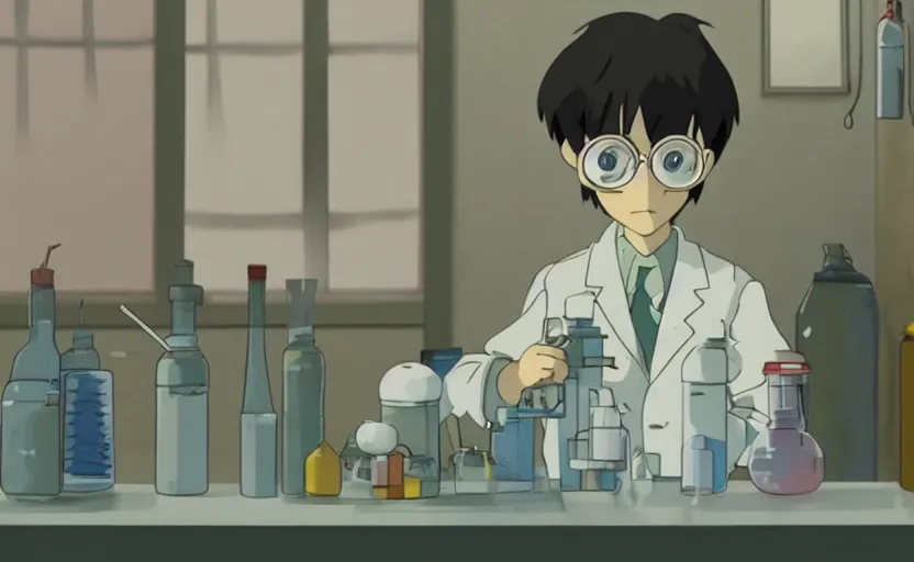 Prompt: a very dull interior shot still from ponyo ( 2 0 0 8 ) of a young skinny scientist alone in his lab. close up on the faces, perfect art, grimdark, trending on pixiv fanbox, painted by studio ghibli