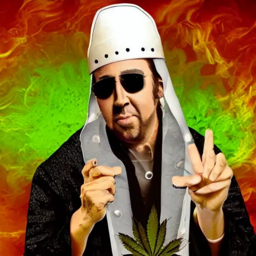 Image similar to Nicolas Cage as the cannabis pope