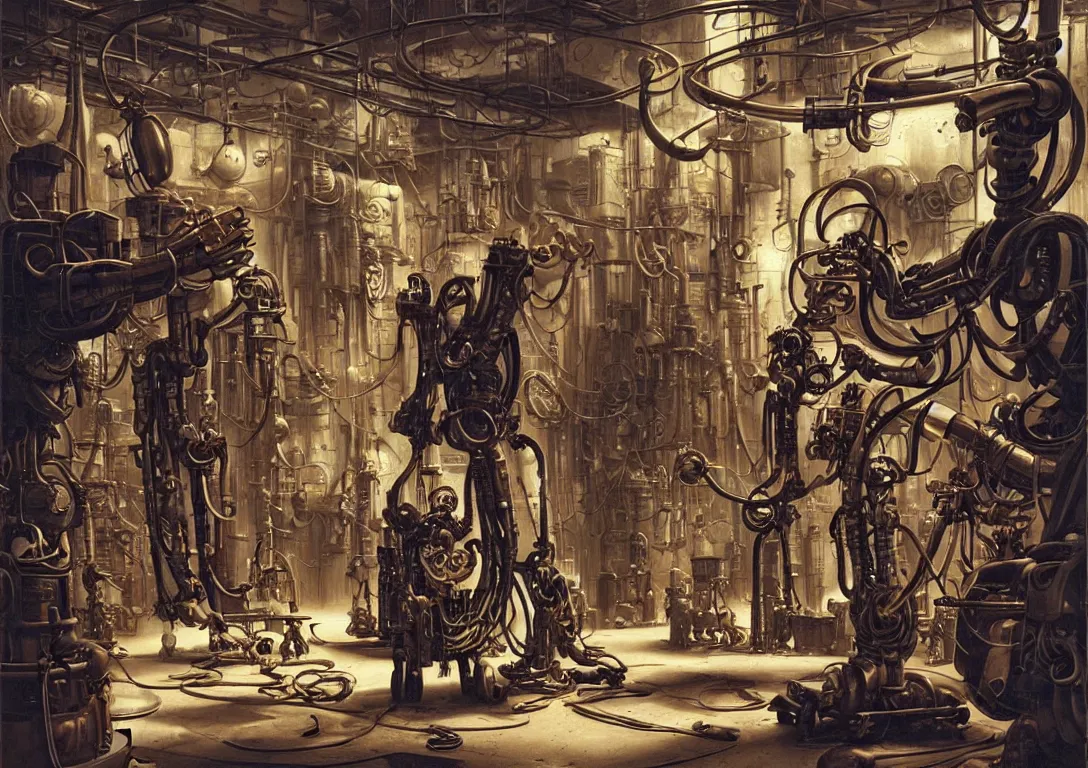 Prompt: a man in a messy steampunk workshop inspecting a futuristic robot hand in the style of wayne barlowe, dali, boris vallejo