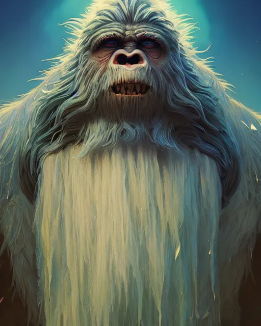 Image similar to highly detailed surreal vfx portrait of a wicked yeti, stephen bliss, unreal engine, greg rutkowski, loish, rhads, beeple, makoto shinkai and lois van baarle, ilya kuvshinov, rossdraws, tom bagshaw, alphonse mucha, global illumination, detailed and intricate environment