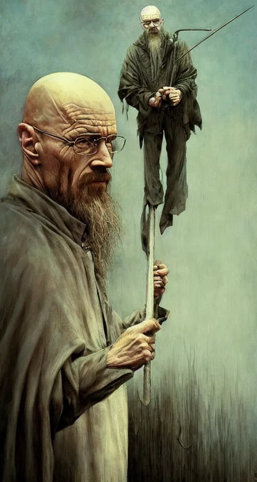 Image similar to Walter White as Saruman holding a staff by Esao Andrews and Karol Bak and Zdzislaw Beksinski