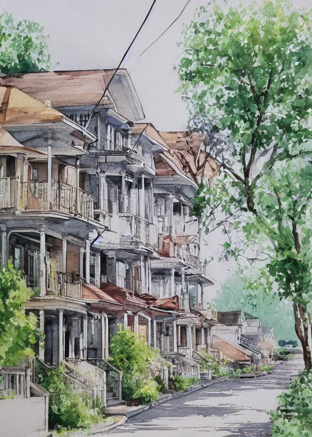 Image similar to street lined with old residential houses summer watercolor by arti chauhan trending on artstation