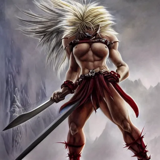 Image similar to realistic art style, warrior girl, muscular girl, wild spiky red saiyan hair, long spiky hair, electrified hair, holding scimitar made of bone, scimitar, sword, jagged sword, curved sword, orkish sword, colorized, gray skin, hyper - detailed, primeval fantasy, prehistoric fantasy, art by jacques - louis david