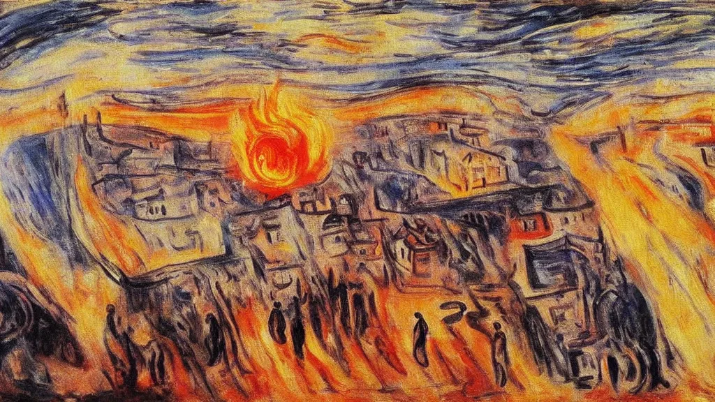 Image similar to a burning town, tragic painting by edvard munch