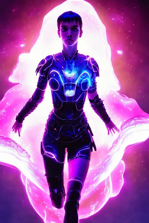 Image similar to a photographic portrait of an attractive young girl, partially clothed in ethereal battle armor, surrounded by colorful transparent plasma, emitting psychic powers, beautiful bone structure, perfectly symmetrical face, perfect eyes, intricate, elegant, ultra-detailed, digital painting, concept art, illustration, sharp focus, minimal artifacts, volumetric lighting, from Valerian and the City of a Thousand Planets, in the style of Artgerm and Loish, fantasy scene, fantasy aesthetic, trending on Artstation and Tumblr, award winning