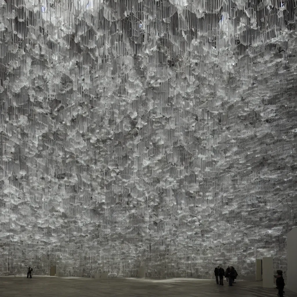 Prompt: neo brutalist herzog & de meuron bioremediation installation, philip beesley, art exhibition