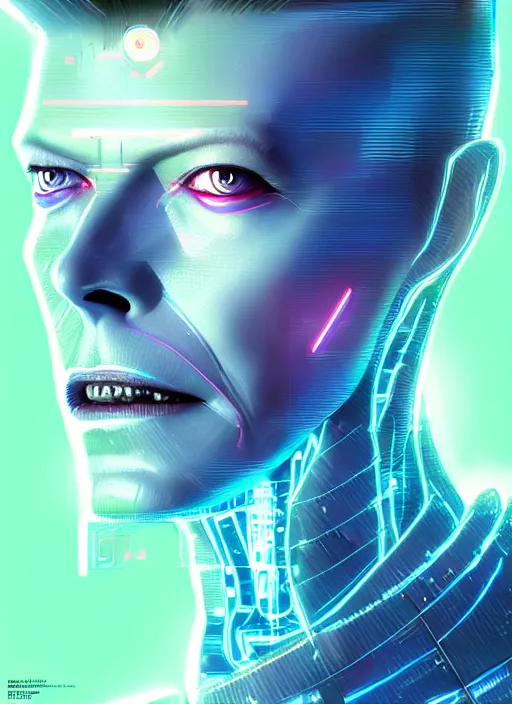 Prompt: portrait of david bowie cyber humanoid, intricate, elegant, cyber neon lights, highly detailed, digital painting, artstation, glamor pose, concept art, smooth, sharp focus, illustration, art by artgerm and greg rutkowski