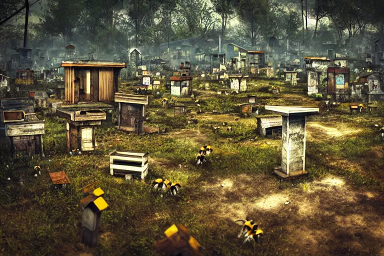 Image similar to simplicity, favela graveyard honeybee hive, fungal forest environment, industrial factory, cheerful, award winning art, epic dreamlike fantasy landscape, ultra realistic,