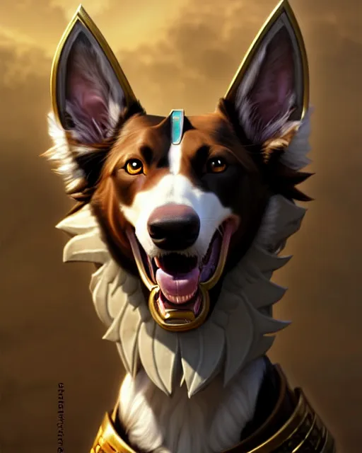 Image similar to nasus the armored egyptian anubis white and brown border collie warrior from videogame league of legends the armored egyptian collie warrior from videogame league of legends with the face of a white and brown border collie, full body armor, highly detailed, artstation, cinematic character, by artgerm and greg rutkowski