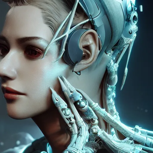 Image similar to beautiful impish biomechanical incredible technological hair, masterpiece crystalline incrustations, hyper - detailed face, elegant pose, movie still, intricate, octane render, cinematic lighting, cgsociety, unreal engine,