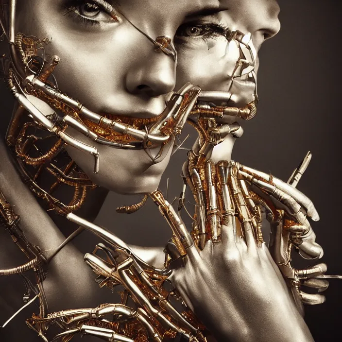 Prompt: beautiful woman catwalk fashion, photorealism, white detail plastic biomechanical with gold, copper, bronze, chrome by lee jeffries, erik johansson, h. r. giger, supersampled, 8 k, beautify
