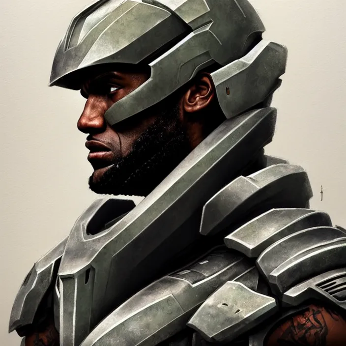 Image similar to LeBron James wearing Forerunner armor from Halo, countryside, calm, fantasy character portrait, dynamic pose, above view, sunny day, thunder clouds in the sky, artwork by Jeremy Lipkin and Giuseppe Dangelico Pino and Michael Garmash and Rob Rey and Greg Manchess and Huang Guangjian, very coherent asymmetrical artwork, sharp edges, perfect face, simple form, 100mm