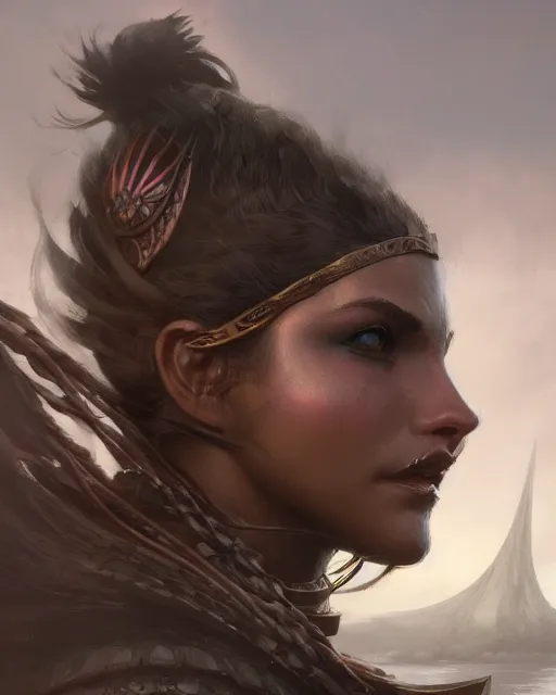 Image similar to A thick beautiful female warrior posing on a boat, well-shaped, beautiful face, close-up, fantasy woman, fantasy art, in the style of greg rutkowski, illustration, epic, fantasy, intricate, hyper detailed, artstation, concept art, smooth, sharp focus, ray tracing, profile shot