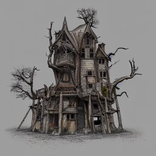 Prompt: lrge twisted and crooked gothic treehouse, highly detailed, artstation, high resolution, gothic, unnatural, gloomy