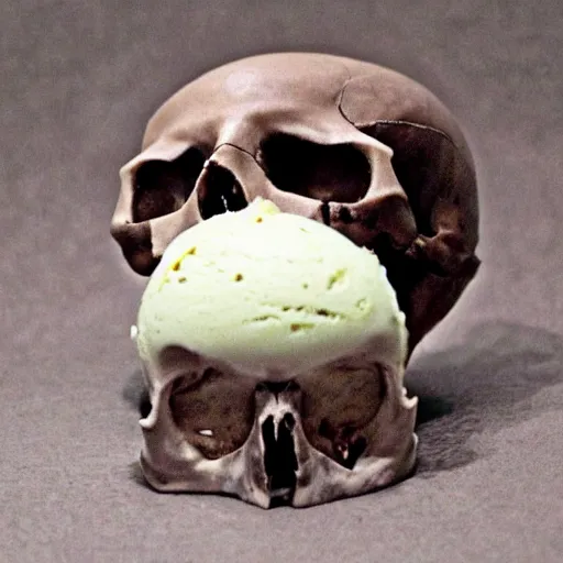 Prompt: ice cream of the macabre, skin and bones flavour, scops in skull, flesh, blood, evil, horror