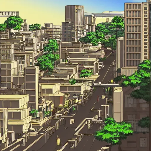 Prompt: japanese town, neighborhood, modern neighborhood, japanese city, underground city, modern city, tokyo - esque town, 2 0 0 1 anime, cel - shading, compact buildings, sepia sunshine