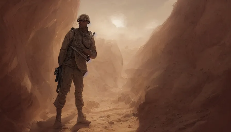 Prompt: beautiful digital painting of a soldier in a trench waiting for the war to end, in the sahara desert. cinematic lighting, atmospheric, emotions, concept art by greg rutkowski, by artgerm,