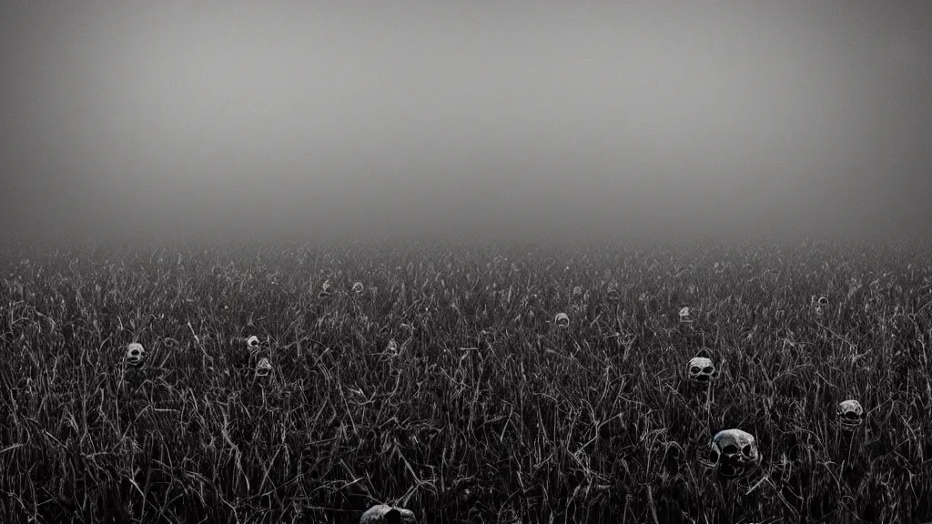 Prompt: a field of skulls, dark, night, foggy, scary, eerie, digital art.