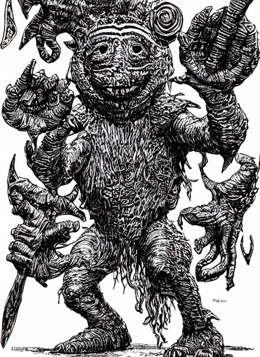 Image similar to tinky winky as a D&D monster, full body, pen-and-ink illustration, etching, by Russ Nicholson, DAvid A Trampier, larry elmore, 1981, HQ scan, intricate details, Monster Manula, Fiend Folio