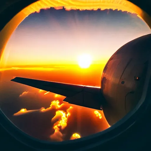 Prompt: nuclear explosion in a city, sunset, plane window view