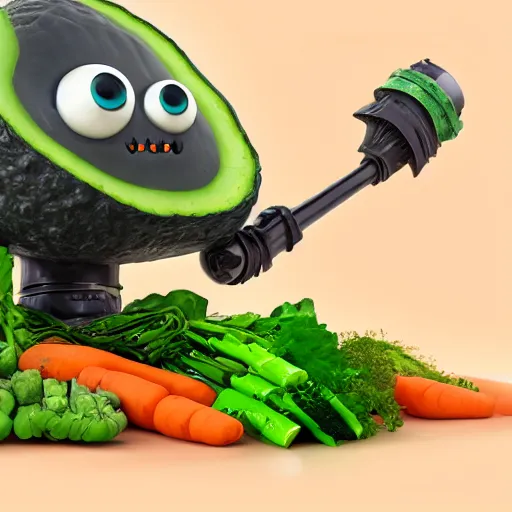 Image similar to robot made of vegetables with big avocado head and a carrot sword, made in abyss style