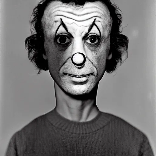 Prompt: portrait of a clown by Diane Arbus, 88mm, black and white
