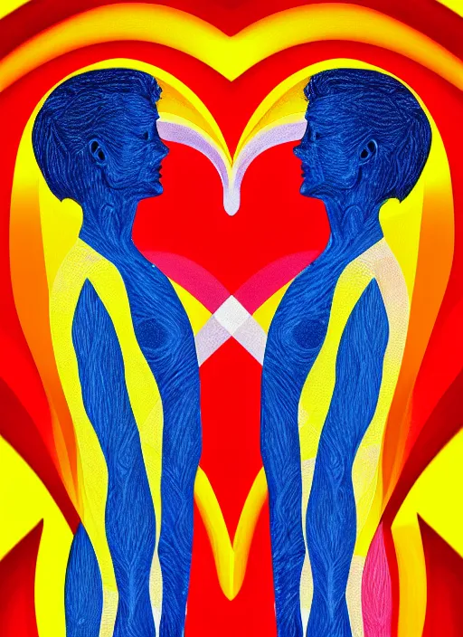 Image similar to 1 px color ink art by santiago calatrava, perfectly centered symmetrical balanced male and female portrait of man and woman in love sharing one heart. high coherence ; fractal geometrical 8 k ultra hd