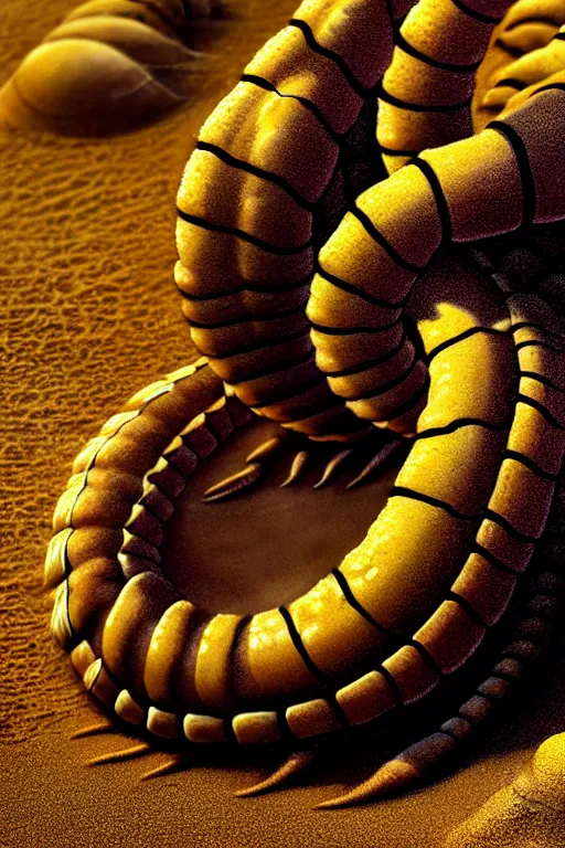 Image similar to hyperrealistic close - up sand worm scorpion monster highly detailed concept art eric zener elson peter cinematic hard yellow lighting high angle hd 8 k sharp shallow depth of field, inspired by david paul cronenberg and zdzisław beksinski