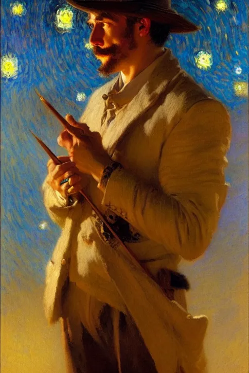 Image similar to attractive male playing pinao, starry night, painting by gaston bussiere, craig mullins, j. c. leyendecker