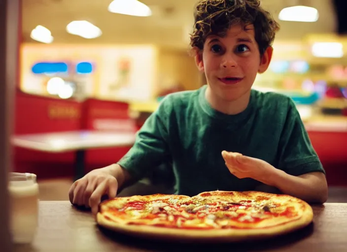 Image similar to portrait of charlie kaufman eating pizza at chuck - e - cheese with sloppy cheesy sauce, dramatic lighting, moody film still from 2 0 1 6, 3 5 mm kodak color stock, 2 4 mm lens, directed by spike jonze, ecktochrome