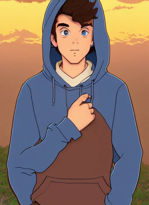 Image similar to teen boy with brown hair and big blue eyes, wearing a hoodie, natural lighting, path traced, highly detailed, high quality, cartoon, digital painting, by don bluth and ross tran and studio ghibli and alphonse mucha