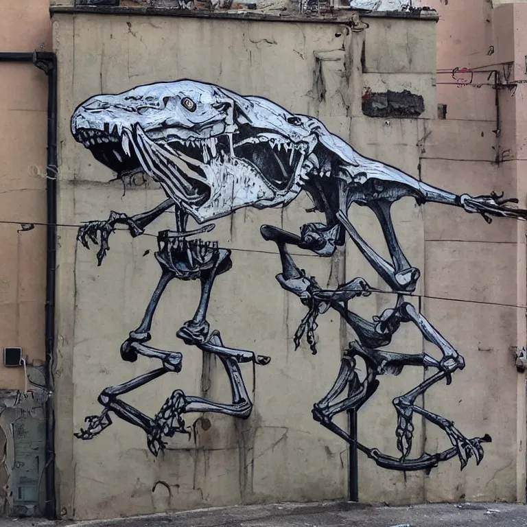 Prompt: Street-art painting of crocodile skeleton in style of Banksy, comic character, cute skeleton, cartoon style, photorealism